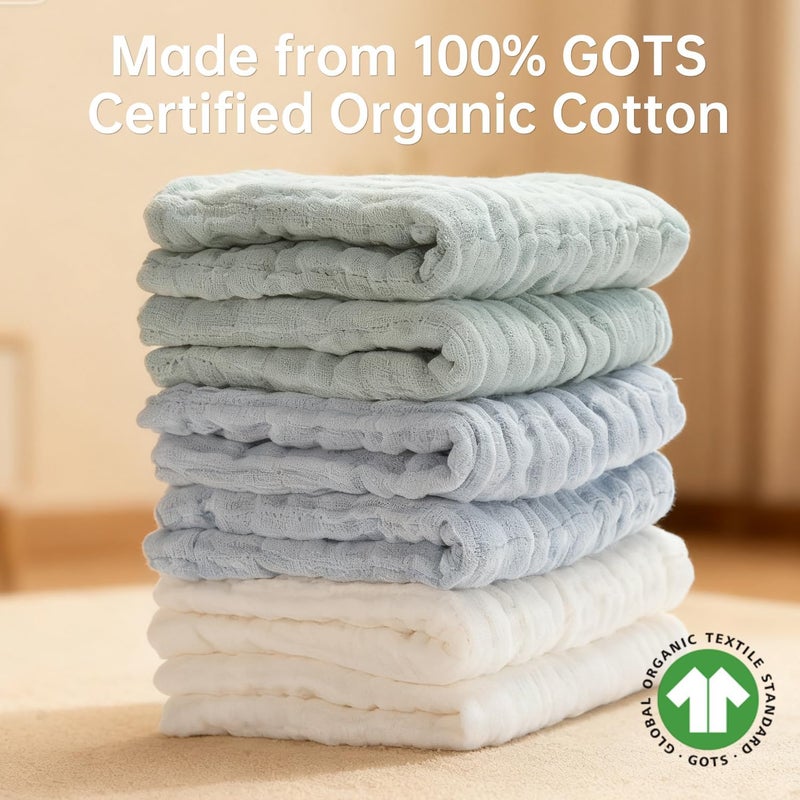 Bear Rocket Organic Muslin Baby Washcloths 6 Pack Baby Bath Face Towel 12x12 Inch Extra Absorbent and Soft Burp Cloth and Wash Cloths for Newborn-Infants On Sensitive Skin (White Blue Green) - Image 5